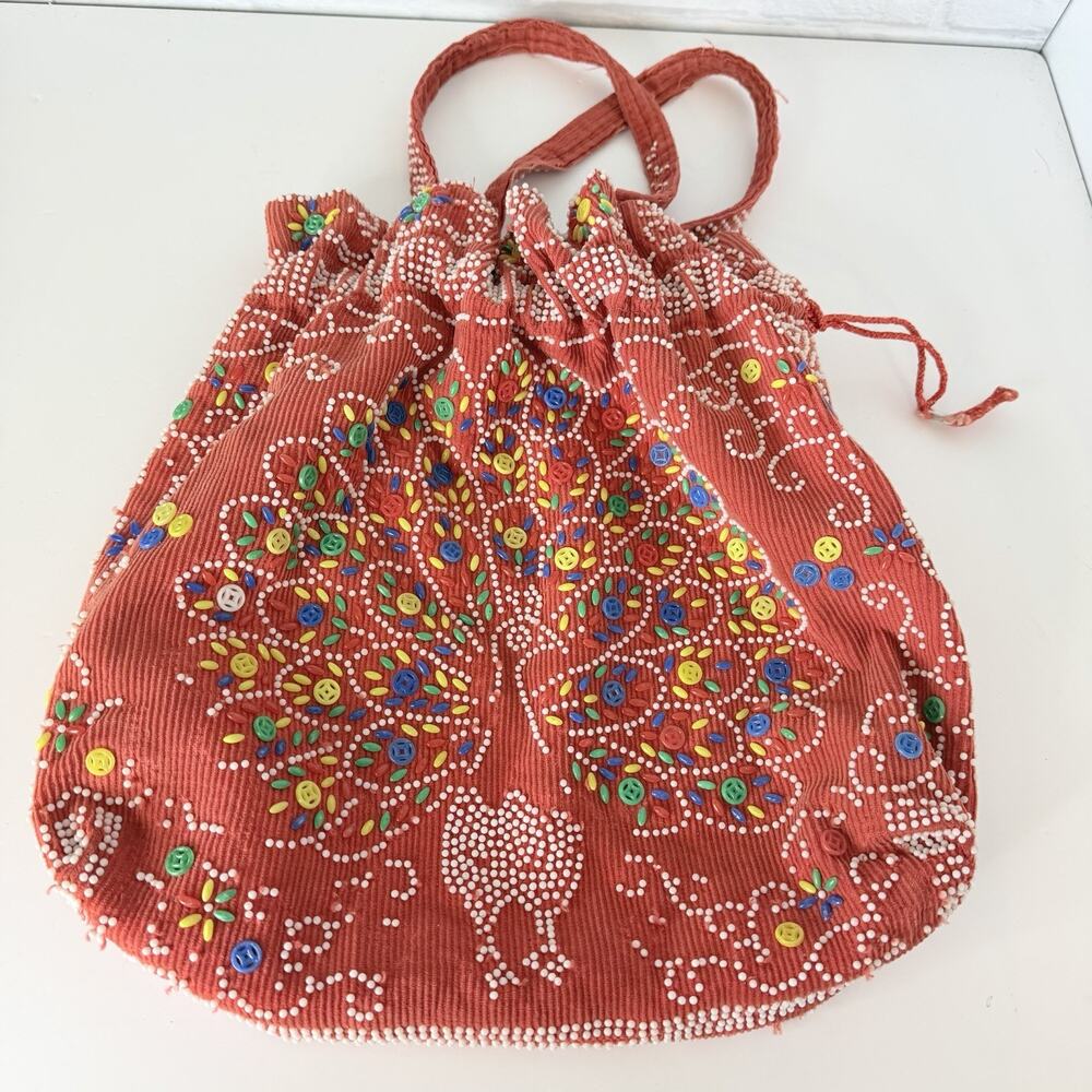 Vintage Red Beaded Peacock Purse Retro Boho Hippie Handmade Seed Beads 70's - Picture 5 of 6
